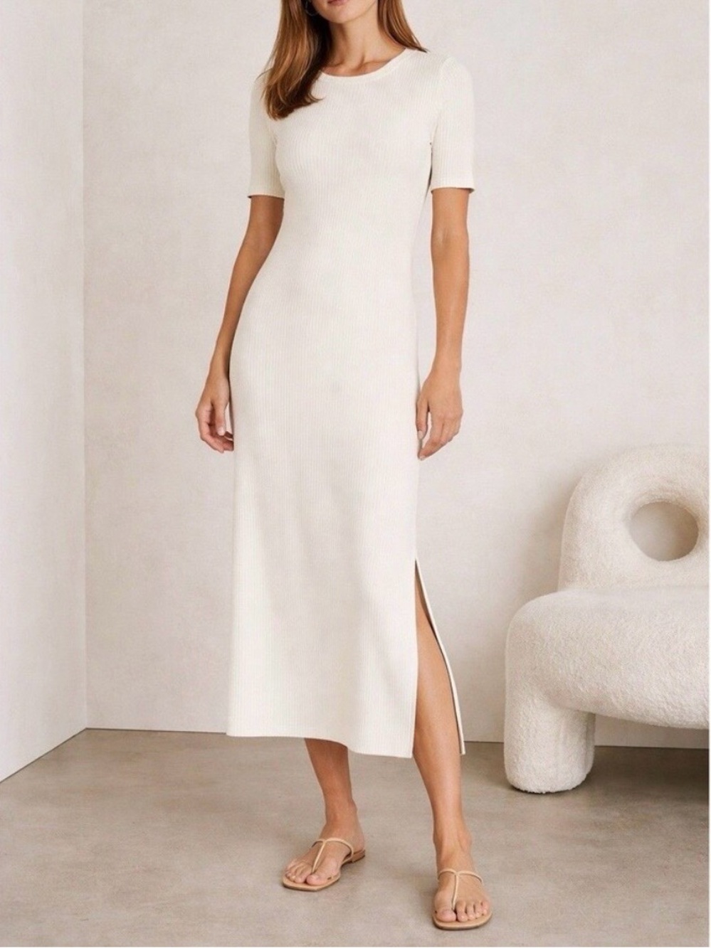 AYR The Moderne Ribbed Midi Maxi Dress Short Sleeve Crewneck Side Slit